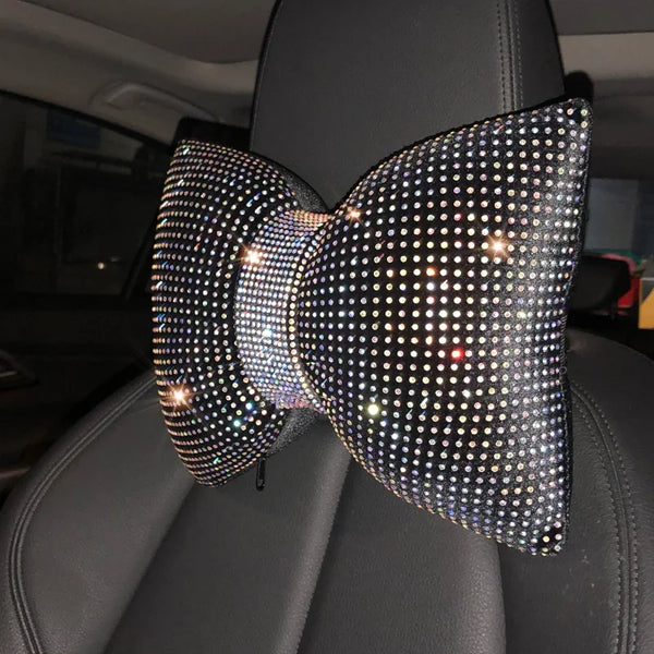 Diamond Bowknot Car Neck Pillow – Rhinestone Bling Headrest & Waist Support for Women