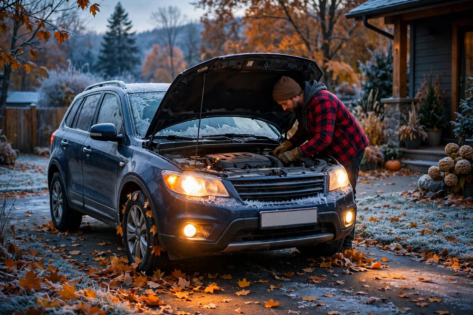 Car being winterized in a frosty autumn driveway