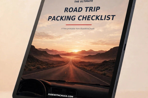 Road trip packing checklist on a tablet