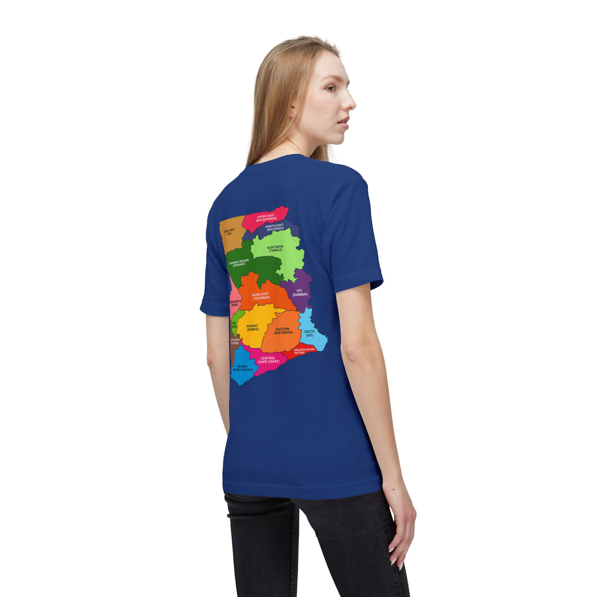 RidewithChuck Alvision T-Shirt — Colorful Ghanaian Regional Map Tee (Back)