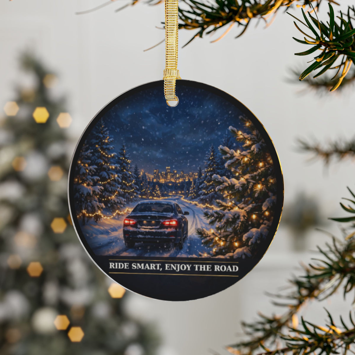 RideWithChuck Christmas Ornament – Winter Night Drive, Midnight Car