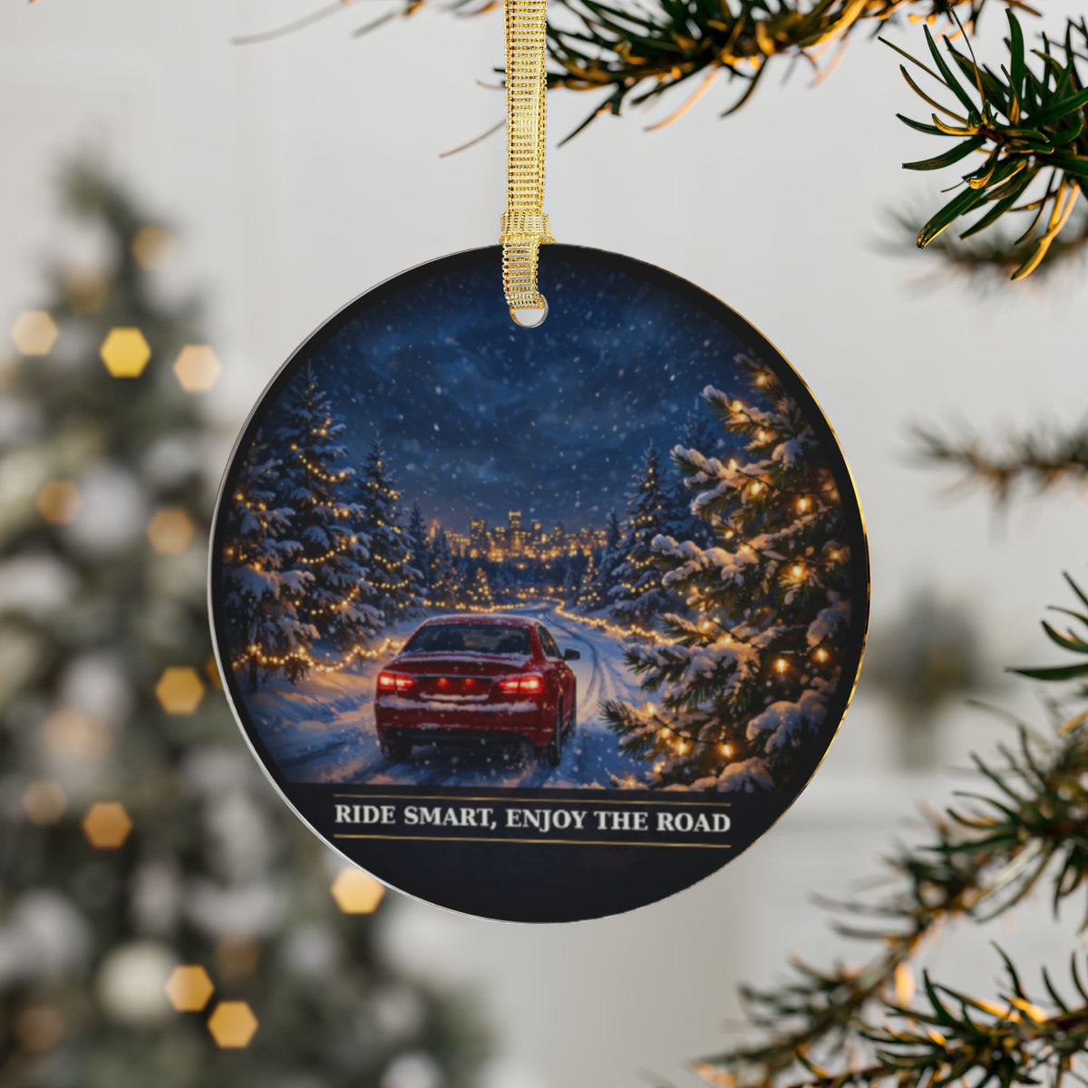 RideWithChuck Christmas Ornament – Winter Night Drive, Red Car