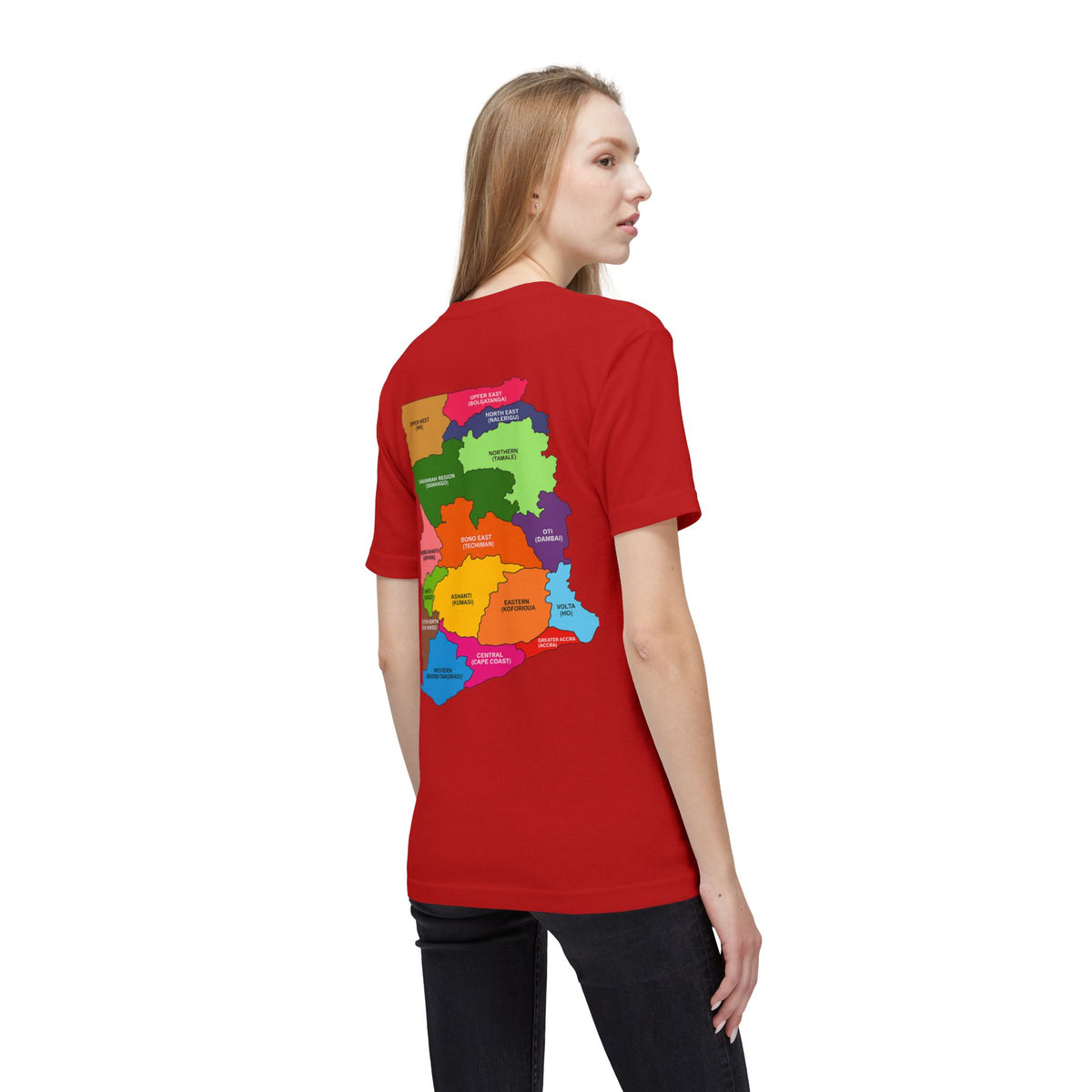 RidewithChuck Alvision T-Shirt — Colorful Ghanaian Regional Map Tee (Back)