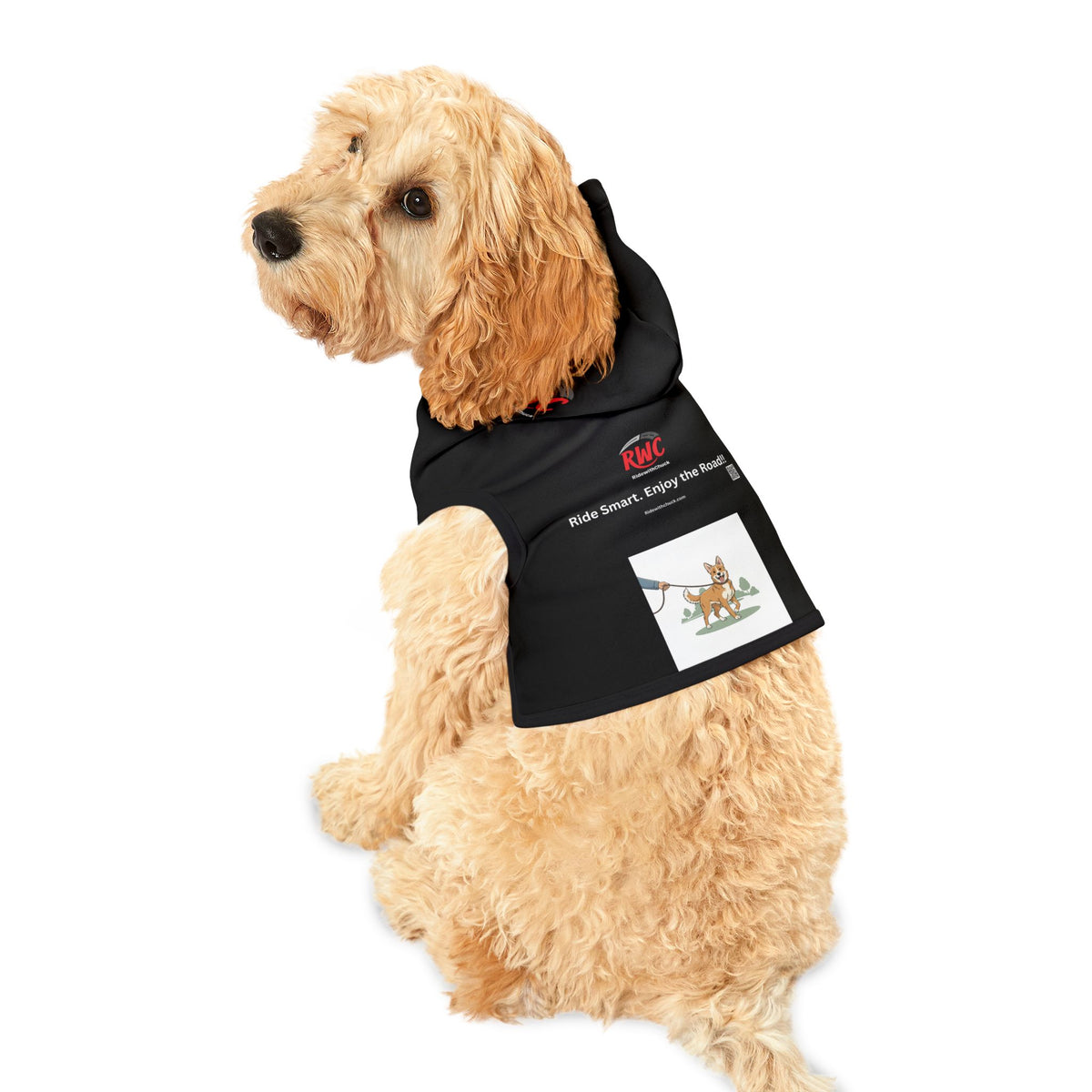 Pet Hoodie — “Ride Smart. Enjoy the Road!” Reflective Black Dog and Cat Hoodie with Leash Graphic