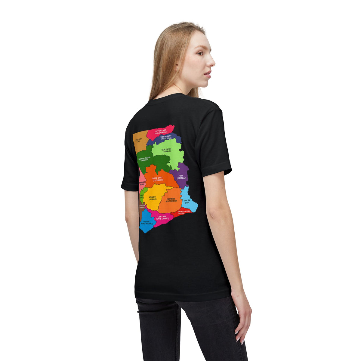 RidewithChuck Alvision T-Shirt — Colorful Ghanaian Regional Map Tee (Back)