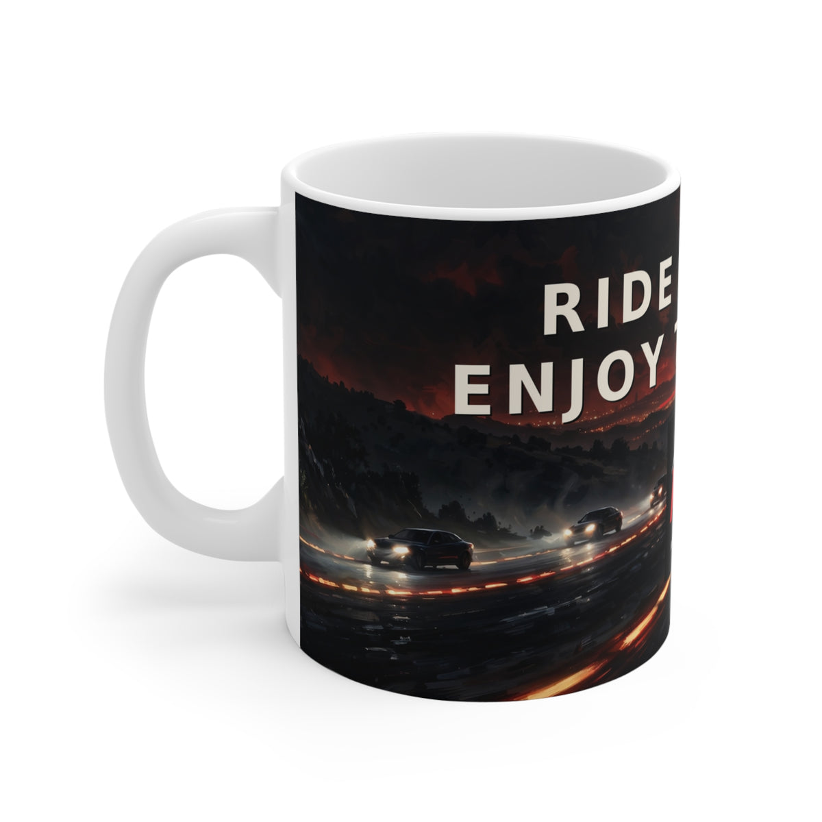 RideWithChuck Night Drive Coffee Mug – "Ride Smart, Enjoy the Road" 11oz