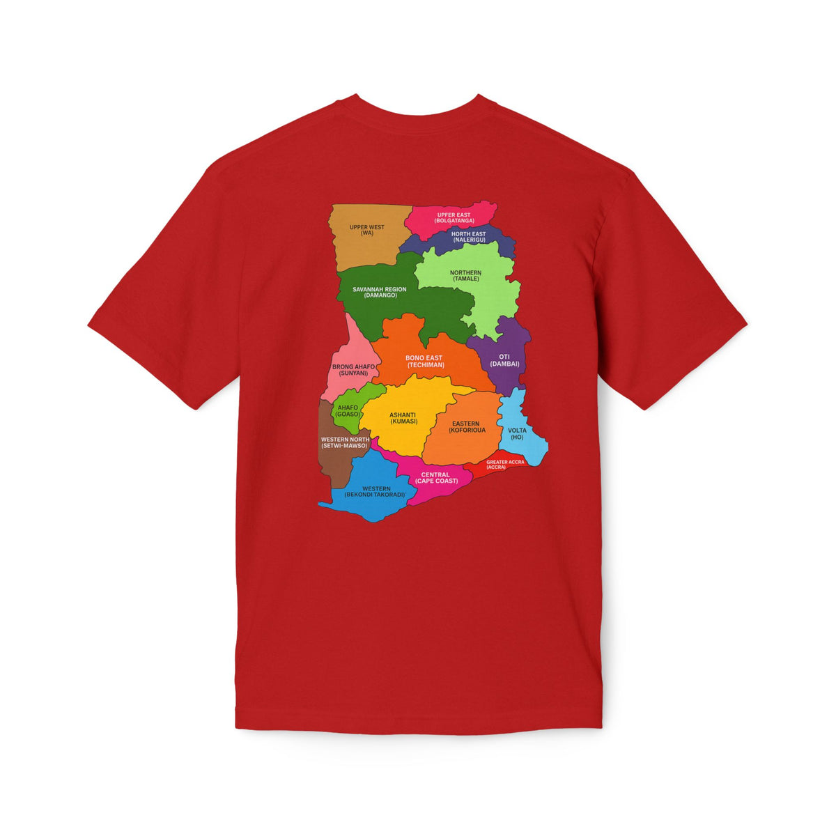 RidewithChuck Alvision T-Shirt — Colorful Ghanaian Regional Map Tee (Back)