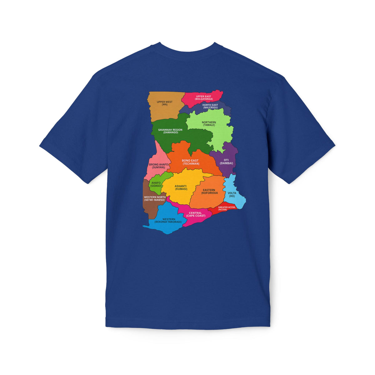 RidewithChuck Alvision T-Shirt — Colorful Ghanaian Regional Map Tee (Back)