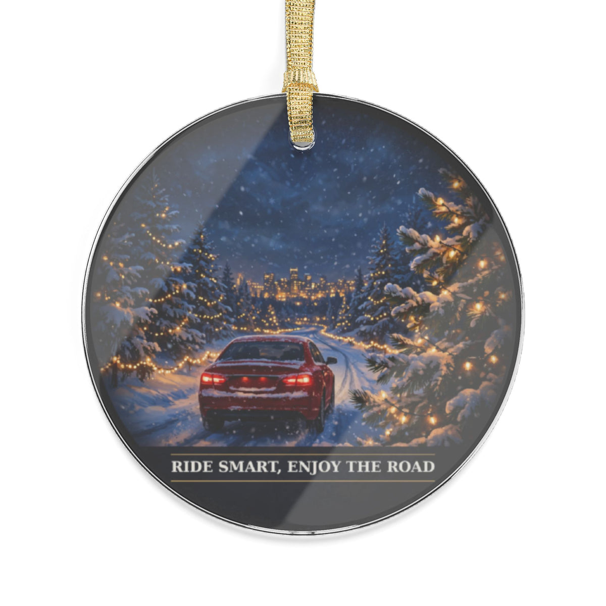 RideWithChuck Christmas Ornament – Winter Night Drive, Red Car