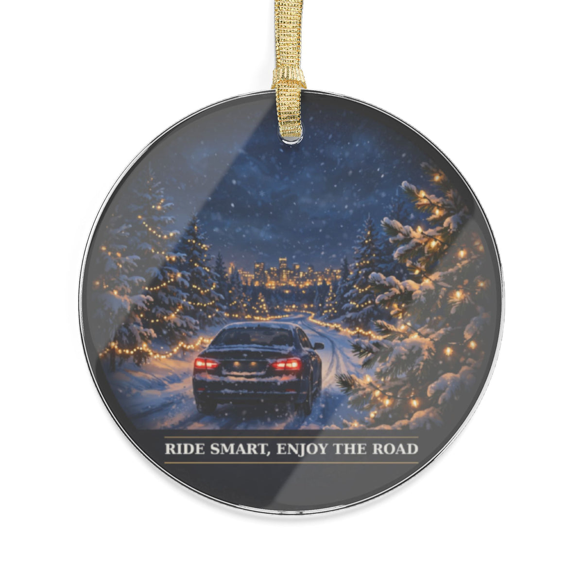 RideWithChuck Christmas Ornament – Winter Night Drive, Midnight Car