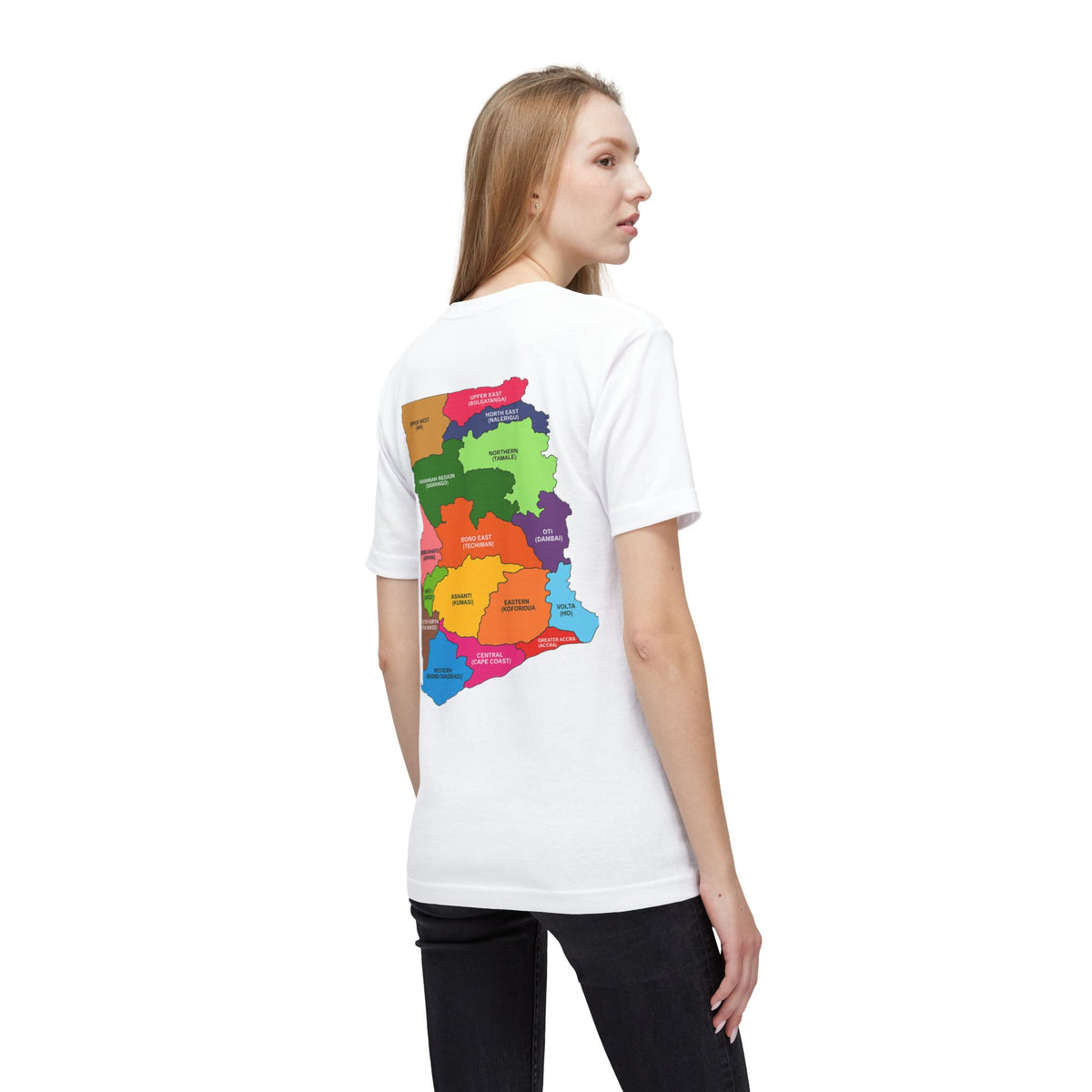 RidewithChuck Alvision T-Shirt — Colorful Ghanaian Regional Map Tee (Back)