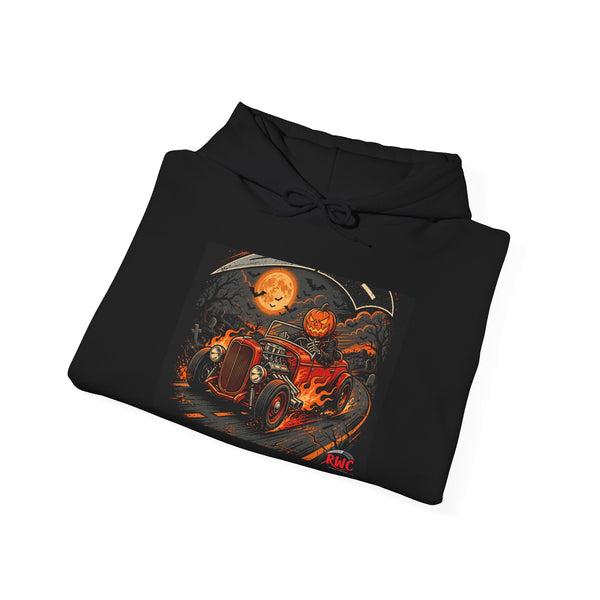 RideWithChuck Haunted Hot Rod Halloween Hoodie — Pumpkin Driver