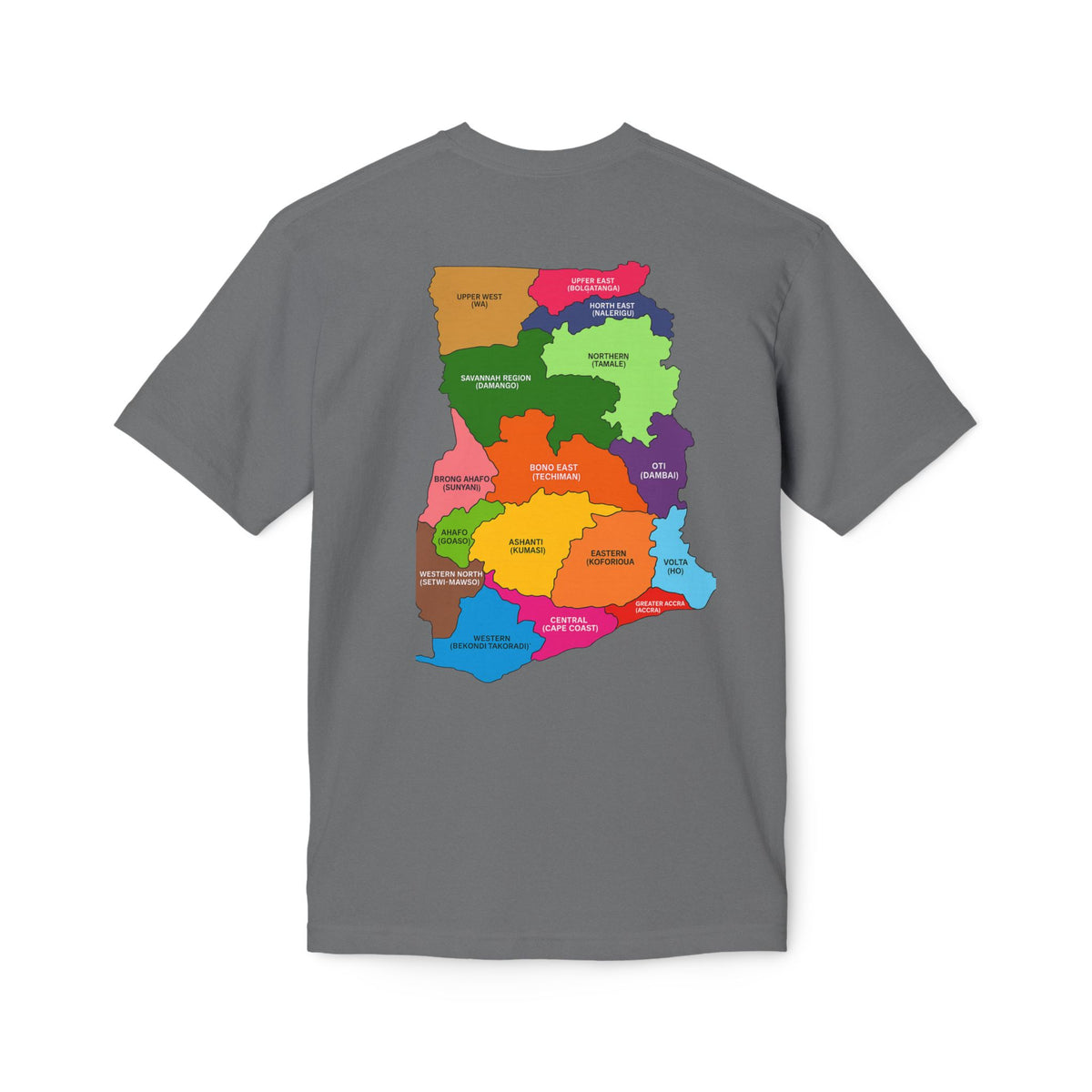 RidewithChuck Alvision T-Shirt — Colorful Ghanaian Regional Map Tee (Back)