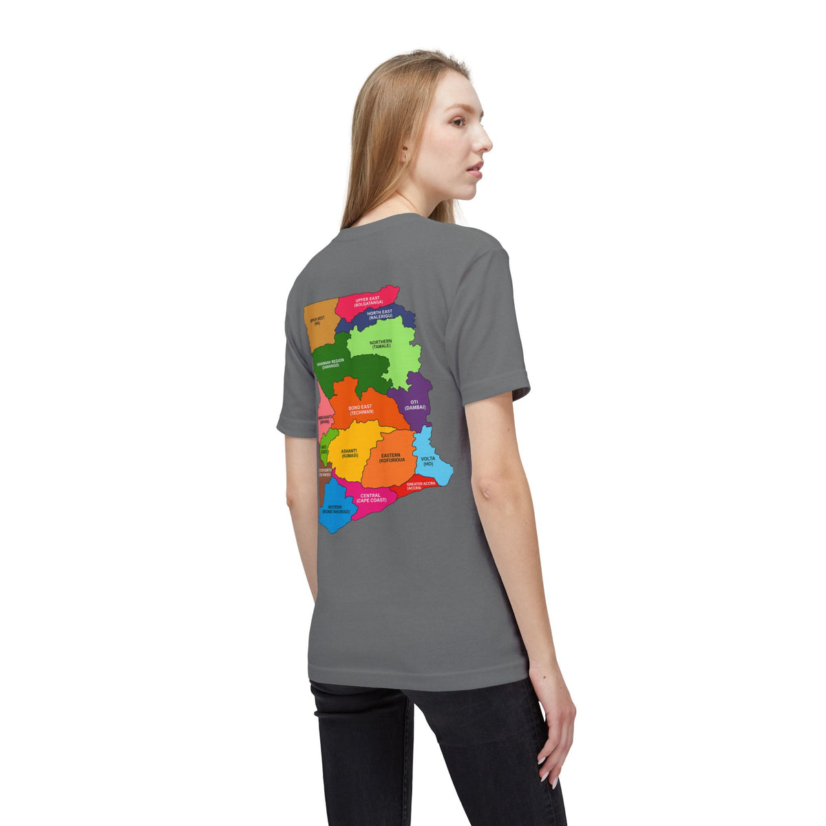 RidewithChuck Alvision T-Shirt — Colorful Ghanaian Regional Map Tee (Back)