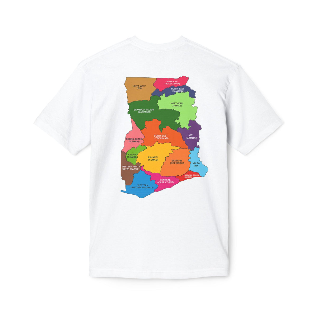 RidewithChuck Alvision T-Shirt — Colorful Ghanaian Regional Map Tee (Back)