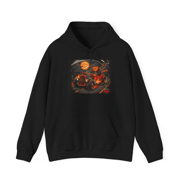 RideWithChuck Haunted Hot Rod Halloween Hoodie — Pumpkin Driver