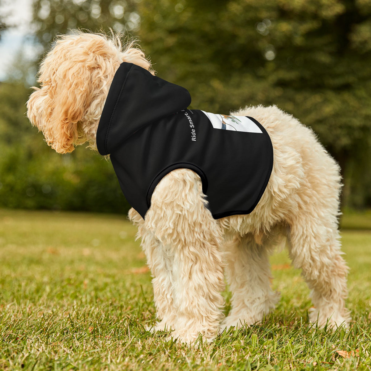Pet Hoodie — “Ride Smart. Enjoy the Road!” Reflective Black Dog and Cat Hoodie with Leash Graphic