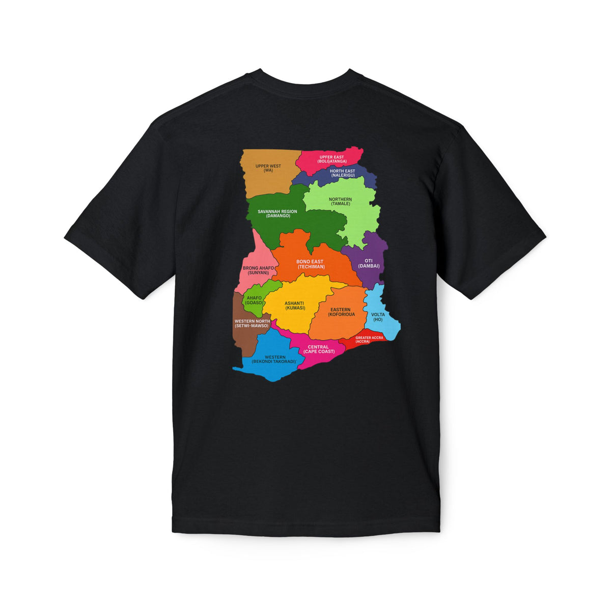 RidewithChuck Alvision T-Shirt — Colorful Ghanaian Regional Map Tee (Back)