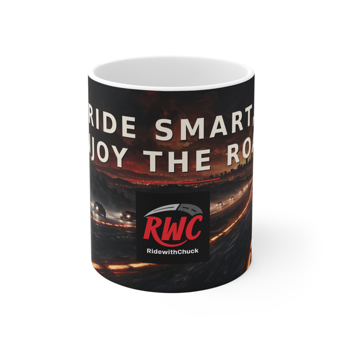 RideWithChuck Night Drive Coffee Mug – "Ride Smart, Enjoy the Road" 11oz