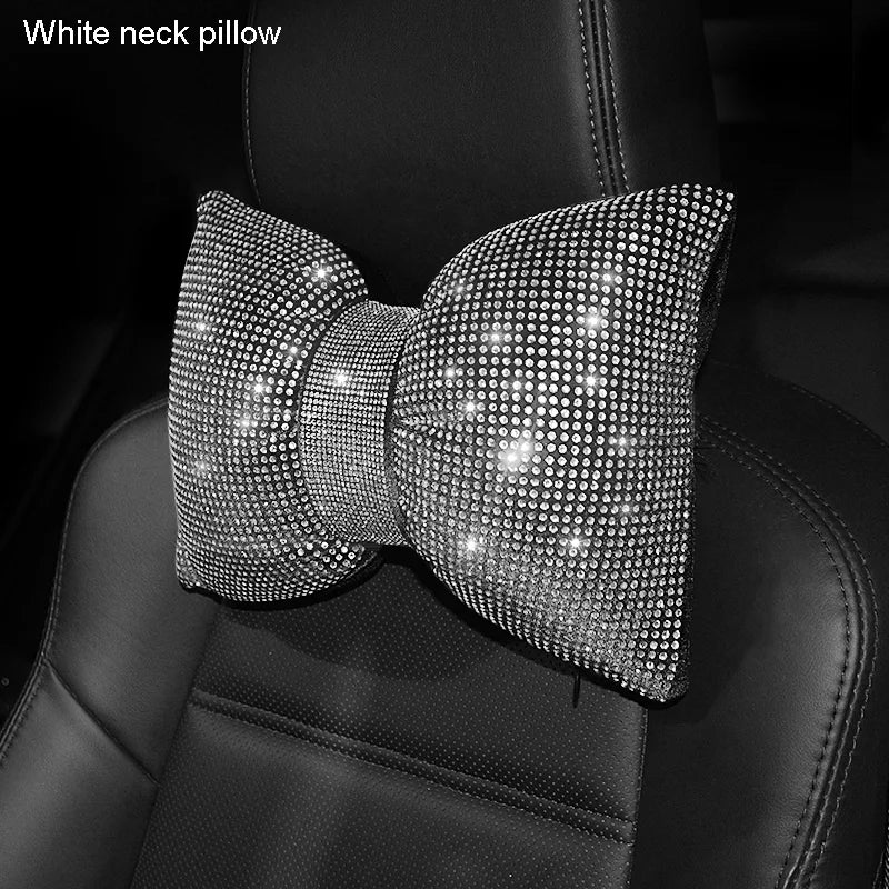 Diamond Bowknot Car Neck Pillow – Rhinestone Bling Headrest & Waist Support for Women