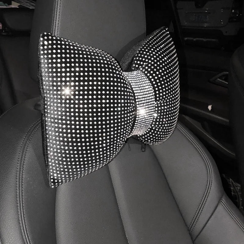Diamond Bowknot Car Neck Pillow – Rhinestone Bling Headrest & Waist Support for Women