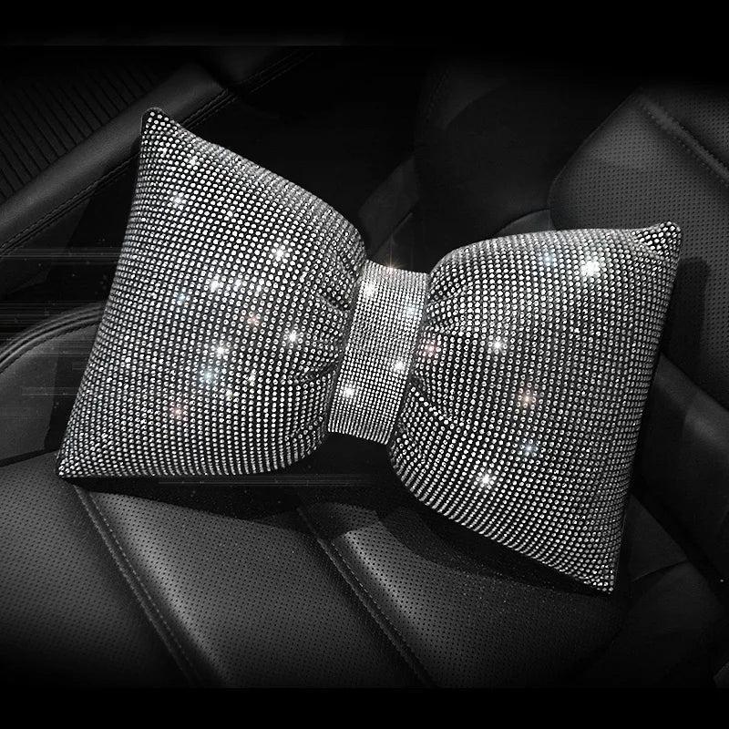 Diamond Bowknot Car Neck Pillow – Rhinestone Bling Headrest & Waist Support for Women