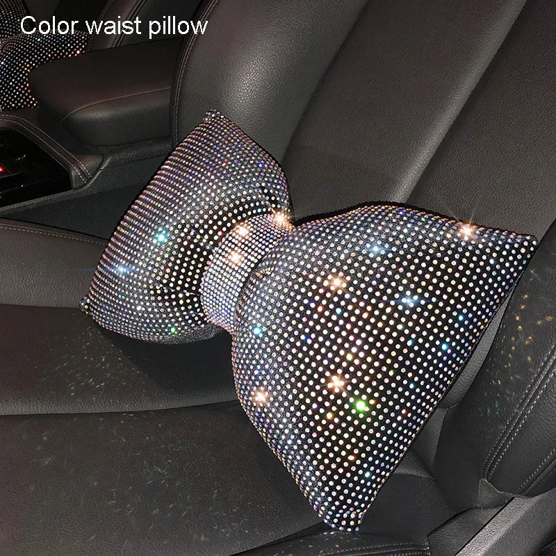 Diamond Bowknot Car Neck Pillow – Rhinestone Bling Headrest & Waist Support for Women