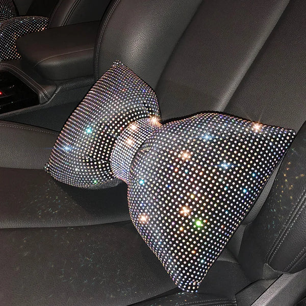 Diamond Bowknot Car Neck Pillow – Rhinestone Bling Headrest & Waist Support for Women
