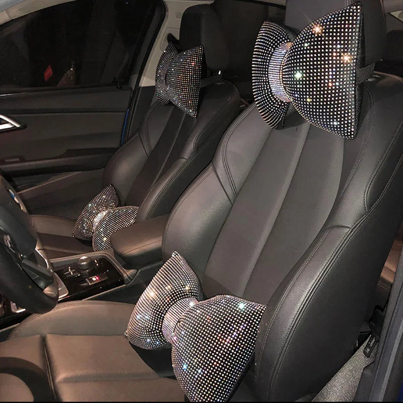 Diamond Bowknot Car Neck Pillow – Rhinestone Bling Headrest & Waist Support for Women