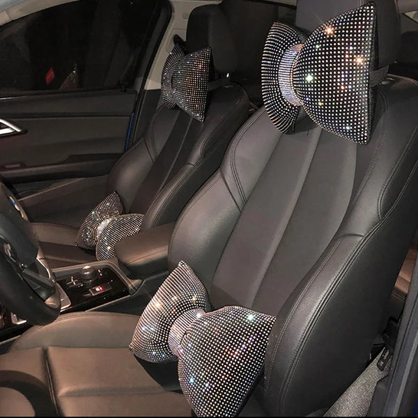 Diamond Bowknot Car Neck Pillow – Rhinestone Bling Headrest & Waist Support for Women