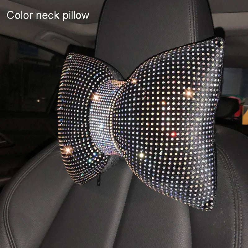 Diamond Bowknot Car Neck Pillow – Rhinestone Bling Headrest & Waist Support for Women