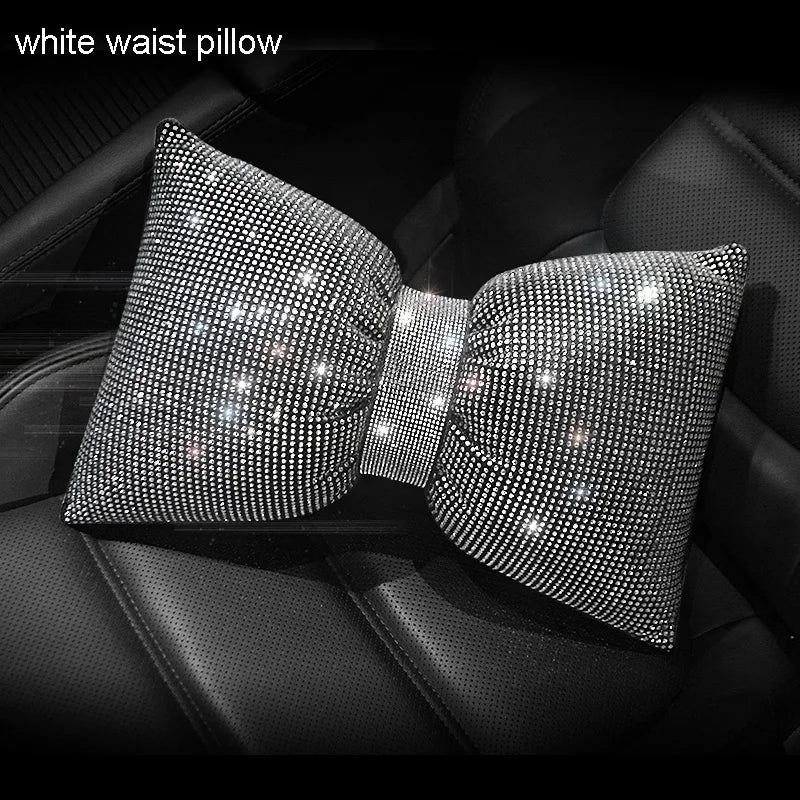 Diamond Bowknot Car Neck Pillow – Rhinestone Bling Headrest & Waist Support for Women