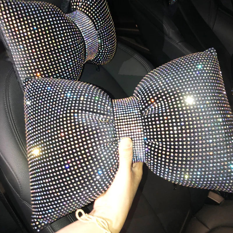 Diamond Bowknot Car Neck Pillow – Rhinestone Bling Headrest & Waist Support for Women