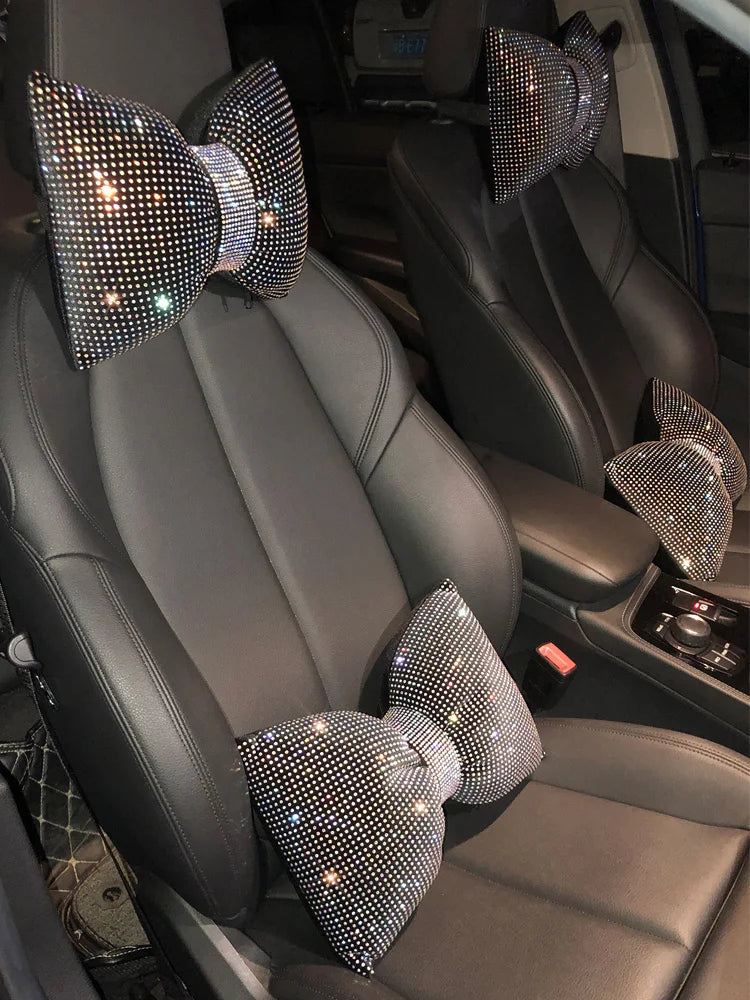 Diamond Bowknot Car Neck Pillow – Rhinestone Bling Headrest & Waist Support for Women