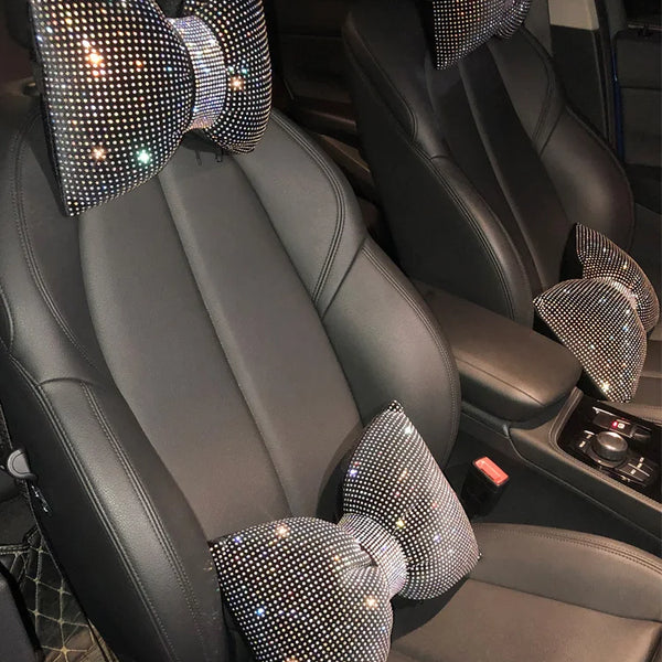 Diamond Bowknot Car Neck Pillow – Rhinestone Bling Headrest & Waist Support for Women