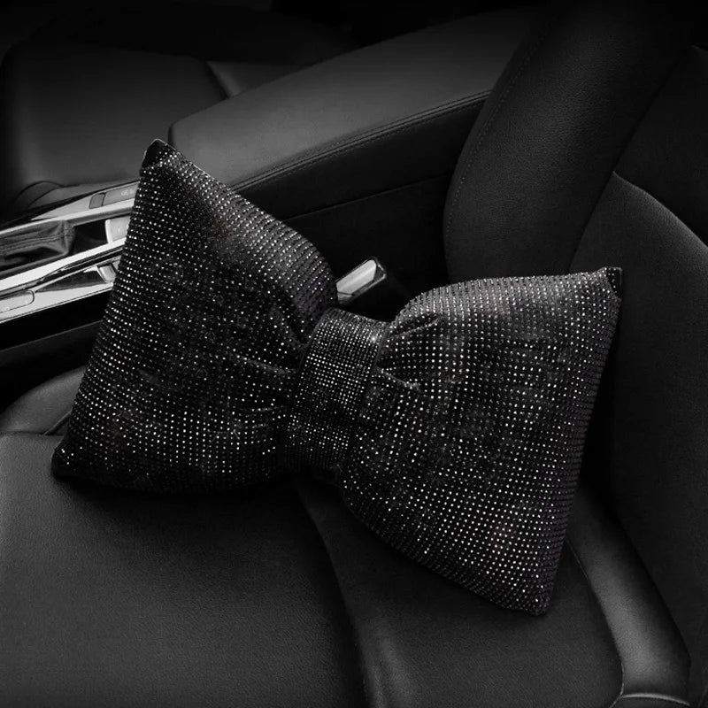 Diamond Bowknot Car Neck Pillow – Rhinestone Bling Headrest & Waist Support for Women