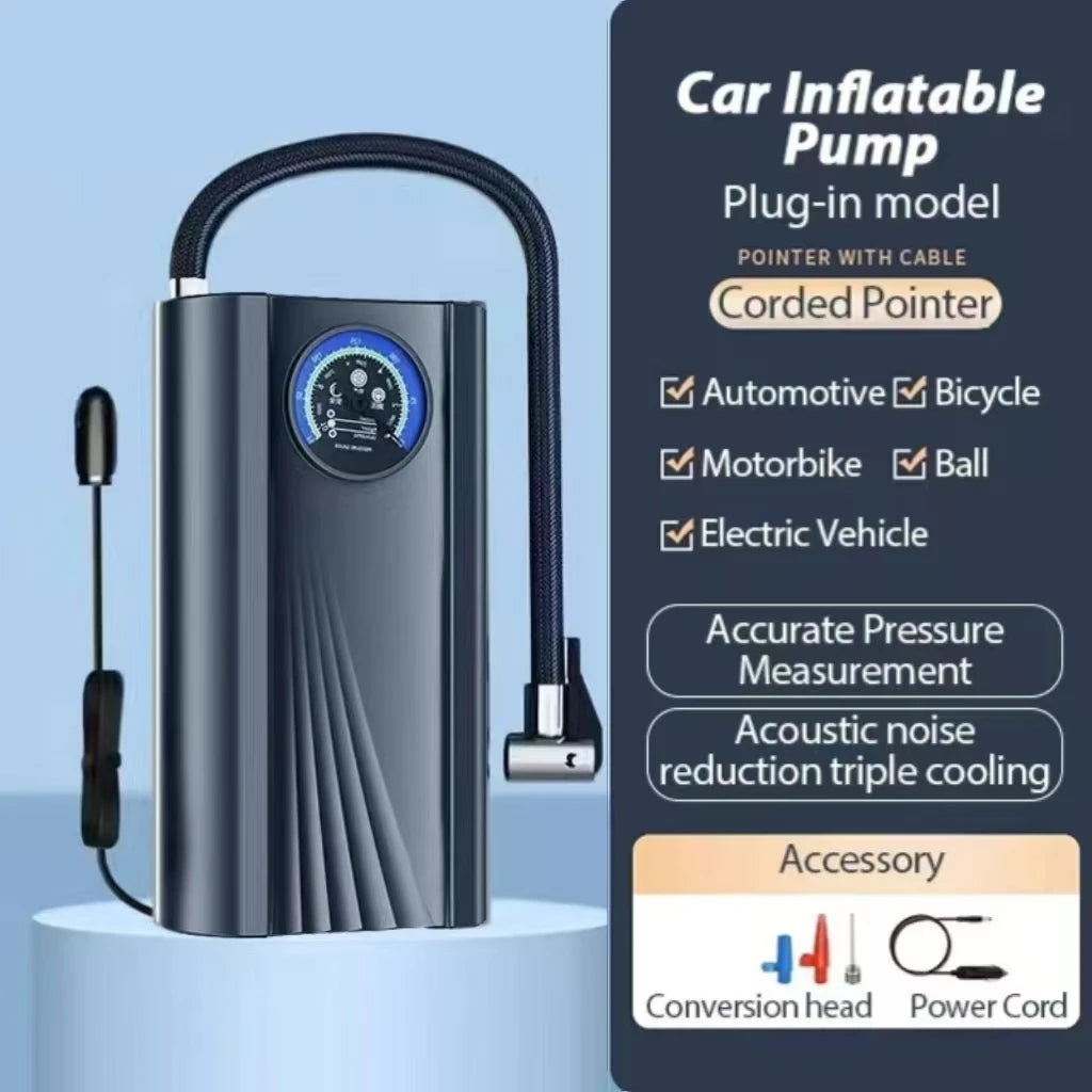 Wireless Tire Inflator – Portable Electric Air Pump with Wired Barometer for Car, Motorcycle & Bicycle Tires