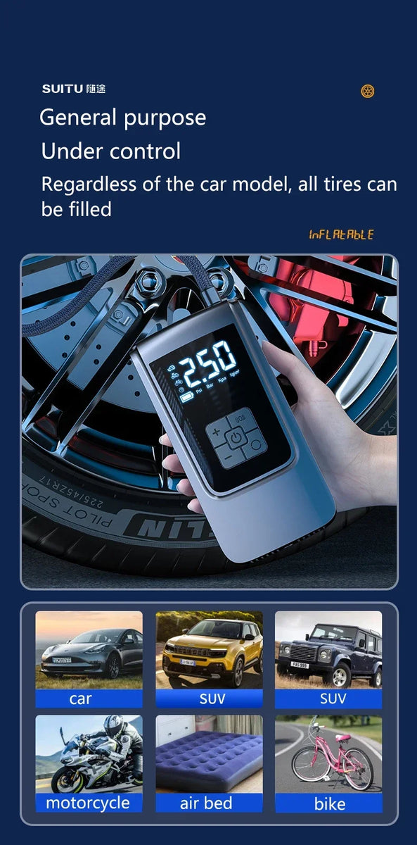 Wireless Tire Inflator – Portable Electric Air Pump with Wired Barometer for Car, Motorcycle & Bicycle Tires