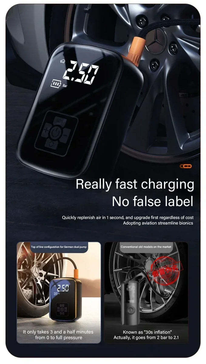 Wireless Tire Inflator – Portable Electric Air Pump with Wired Barometer for Car, Motorcycle & Bicycle Tires