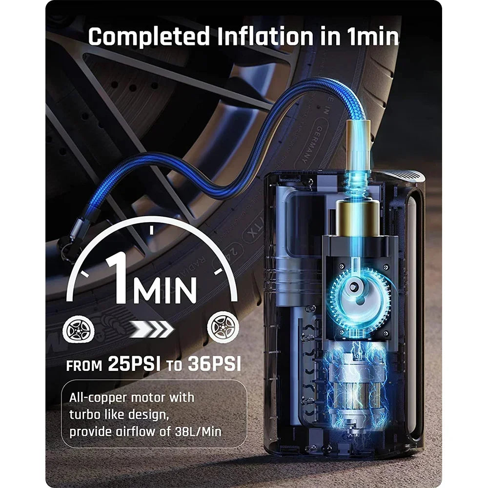 Wireless Tire Inflator – Portable Electric Air Pump with Wired Barometer for Car, Motorcycle & Bicycle Tires
