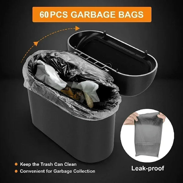 Mini Car Trash Can with Lid – Leak-Proof, Includes 60 (300) Garbage Bags, Compact Auto Accessory
