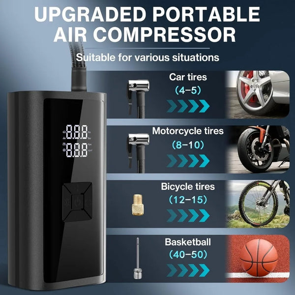 Portable Air Compressor 120W – Wireless/Wired Tire Inflator for Car, Bike & Sports Balls