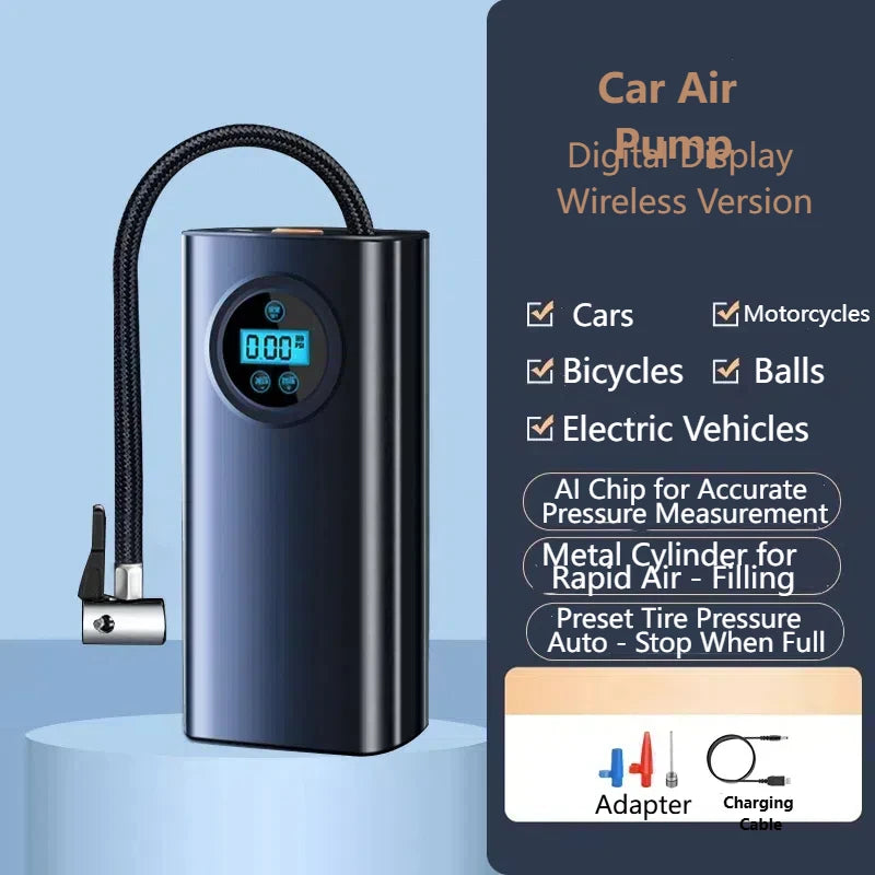 Wireless Tire Inflator – Portable Electric Air Pump with Wired Barometer for Car, Motorcycle & Bicycle Tires