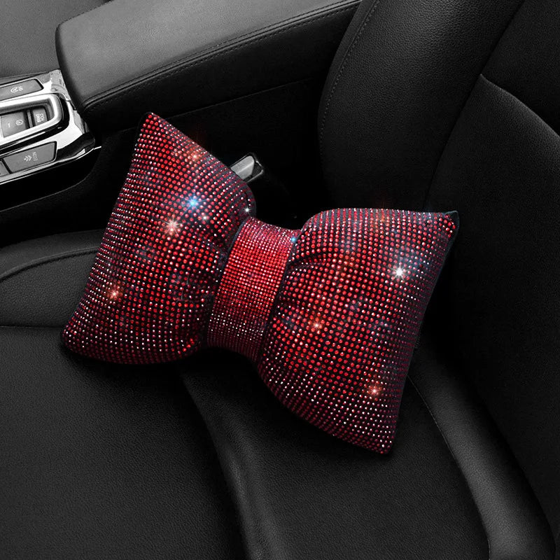 Diamond Bowknot Car Neck Pillow – Rhinestone Bling Headrest & Waist Support for Women