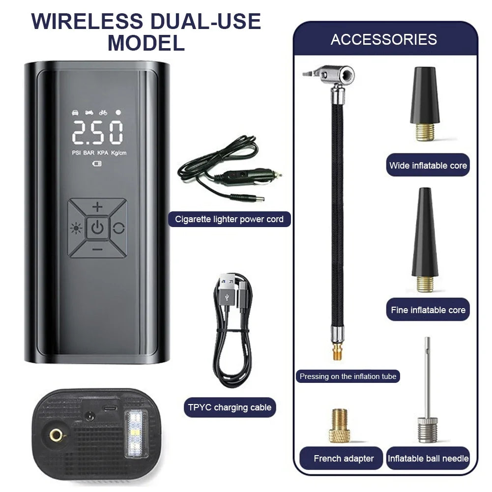 Portable Air Compressor 120W – Wireless/Wired Tire Inflator for Car, Bike & Sports Balls