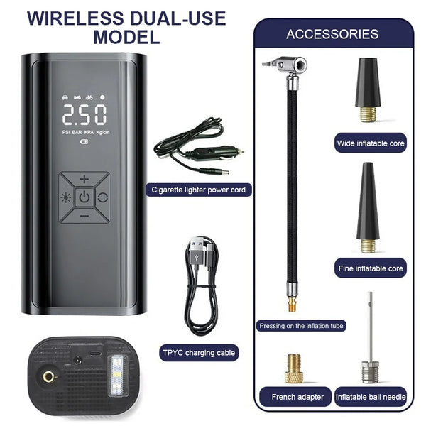 Portable Air Compressor 120W – Wireless/Wired Tire Inflator for Car, Bike & Sports Balls