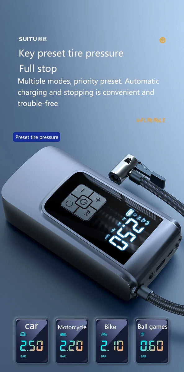 Wireless Tire Inflator – Portable Electric Air Pump with Wired Barometer for Car, Motorcycle & Bicycle Tires