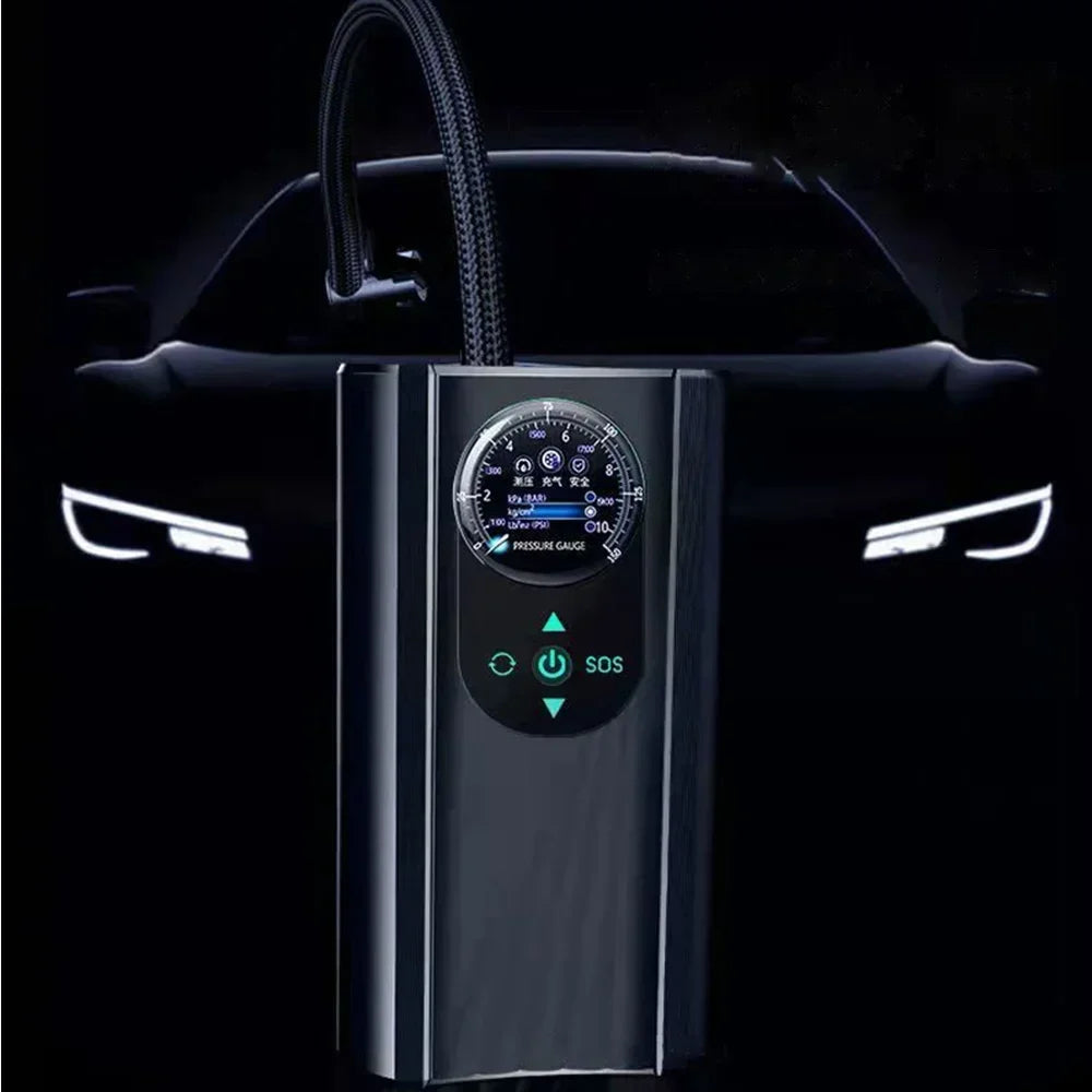 Wireless Tire Inflator – Portable Electric Air Pump with Wired Barometer for Car, Motorcycle & Bicycle Tires