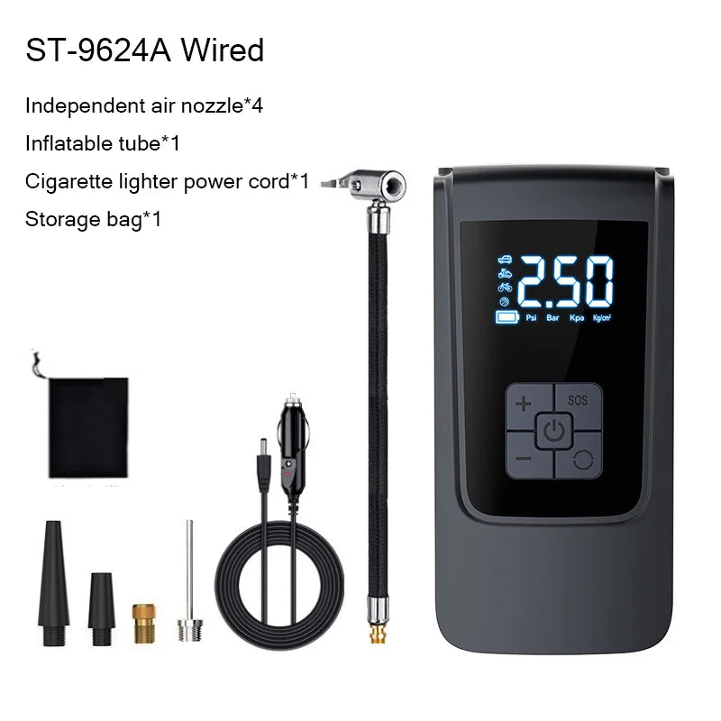 Wireless Tire Inflator – Portable Electric Air Pump with Wired Barometer for Car, Motorcycle & Bicycle Tires
