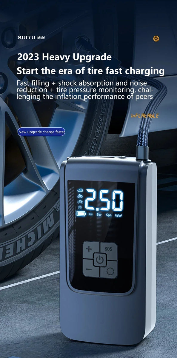 Wireless Tire Inflator – Portable Electric Air Pump with Wired Barometer for Car, Motorcycle & Bicycle Tires